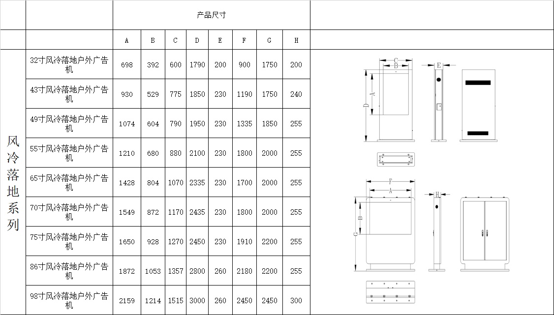 立式户外广告机（风冷款）尺寸图表：